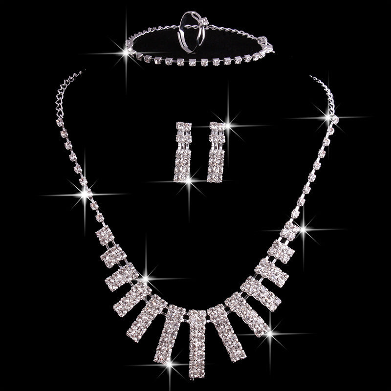 4 Pieces Rhinestones Necklace Set With Earrings Ring And Bracelet.