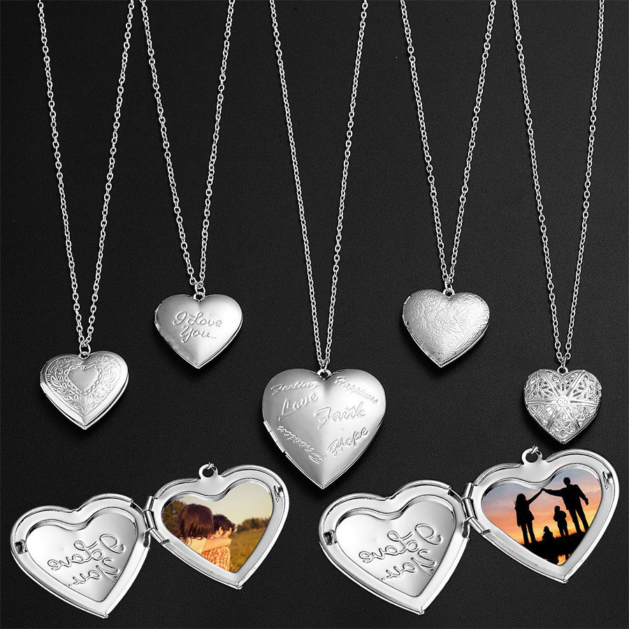 Carved Design Love Necklace, Heart-shaped Photo Frame.
