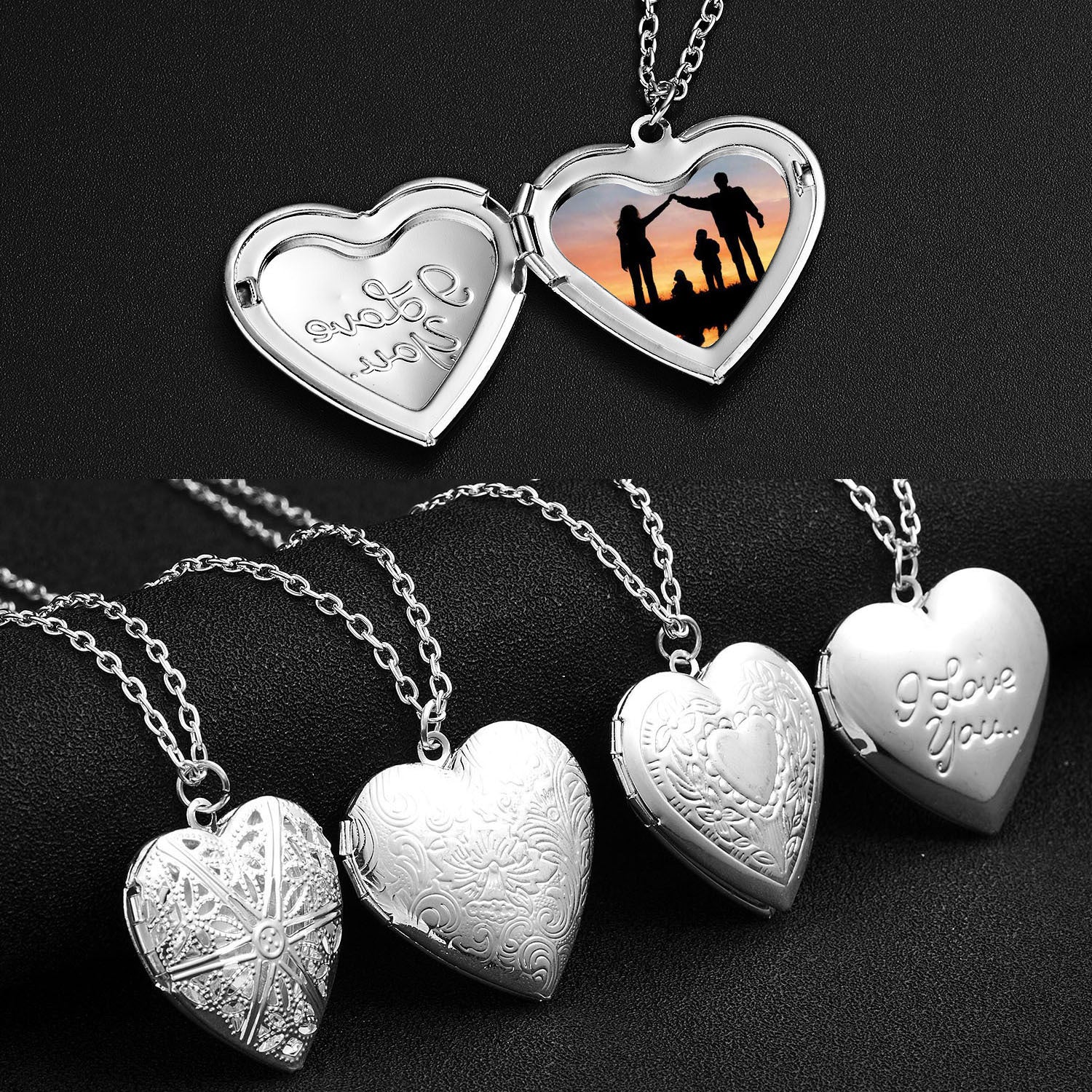 Carved Design Love Necklace, Heart-shaped Photo Frame.